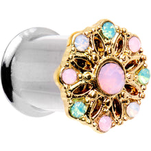 Load image into Gallery viewer, Pink Green White Gem Glam Flower Double Flare Tunnel Plug Set