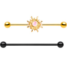 Load image into Gallery viewer, 14G Faux Opal Black Gold Tone Sun Industrial Barbell 38mm Set of 2