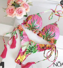 Load image into Gallery viewer, Tassel Leaves Print Woman Swimsuit Women's Two Piece Swimsuit Floral Print Bikini Sets New Comfortable Beach Bikini Bathing Suit Halter Triangle Lace Up Swimwear For Women