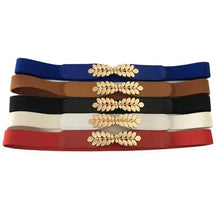Load image into Gallery viewer, Thin Elastic Stretch Women Buckle Skinny Fashion Belts Metal Leaf Buckle Design Belts For Ladies