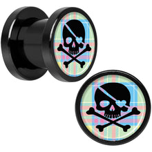 Load image into Gallery viewer, Pink Green Plaid Heart Skull Black Anodized Screw Fit Plug Set 0G