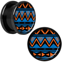 Load image into Gallery viewer, Blue Orange Tribal Print Black Anodized Screw Fit Plug Set 5/8