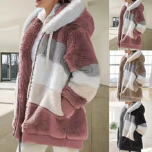 Load image into Gallery viewer, Plus Size Jacket Women Autumn Winter Long Sleeve Color Block Zipper Fluff Hooded Warm Coat Jacket