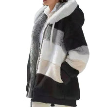 Load image into Gallery viewer, Plus Size Jacket Women Autumn Winter Long Sleeve Color Block Zipper Fluff Hooded Warm Coat Jacket