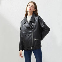 Load image into Gallery viewer, PU Faux Leather Jacket Women Loose Sashes Casual Biker Jackets Outwear Female Tops BF Style Black Leather Jacket Coat