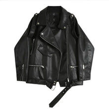 Load image into Gallery viewer, PU Faux Leather Jacket Women Loose Sashes Casual Biker Jackets Outwear Female Tops BF Style Black Leather Jacket Coat