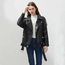 Load image into Gallery viewer, PU Faux Leather Jacket Women Loose Sashes Casual Biker Jackets Outwear Female Tops BF Style Black Leather Jacket Coat