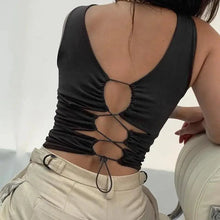 Load image into Gallery viewer, Trendy fashion styles cute summer Hollow Out Lace Up Patchwork Tank Crop Top flattering tops Summer Clothes