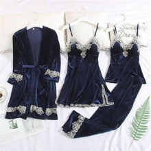 Load image into Gallery viewer, Trendy New Four Pieces Warm Winter Pajamas Sets Women Stylish Lace Robe Pajama Sleepwear Suit Sleeveless Nightwear Women's Sleepwear Set 4-Piece Women's Pajamas Elegant Comfortable Loungewear Satin Sleepwear with Robe Nightgown Pants