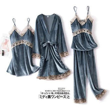 Load image into Gallery viewer, Trendy New Four Pieces Warm Winter Pajamas Sets Women Stylish Lace Robe Pajama Sleepwear Suit Sleeveless Nightwear Women's Sleepwear Set 4-Piece Women's Pajamas Elegant Comfortable Loungewear Satin Sleepwear with Robe Nightgown Pants