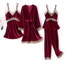 Load image into Gallery viewer, Trendy New Four Pieces Warm Winter Pajamas Sets Women Stylish Lace Robe Pajama Sleepwear Suit Sleeveless Nightwear Women's Sleepwear Set 4-Piece Women's Pajamas Elegant Comfortable Loungewear Satin Sleepwear with Robe Nightgown Pants