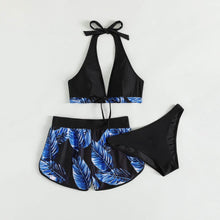 Load image into Gallery viewer, Tropical Print Halter Bikini Swimsuit with Swim Short