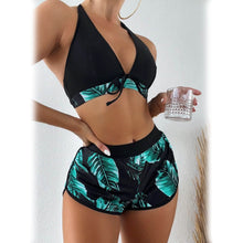 Load image into Gallery viewer, Tropical Print Halter Bikini Swimsuit with Swim Short