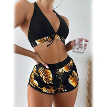 Load image into Gallery viewer, Tropical Print Halter Bikini Swimsuit with Swim Short
