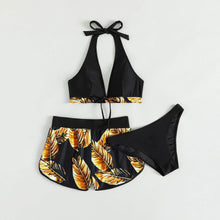 Load image into Gallery viewer, Tropical Print Halter Bikini Swimsuit with Swim Short