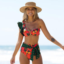 Load image into Gallery viewer, Two-Pieces Women Floral Push-Up Padded Bra Ruffles Bikini Set Swimsuit Swimwear Bathing Suit Beachwear Floral Printed Swimsuit Knotted String Triangle Bikini Tie Side High Cut Cheeky Bikini Set