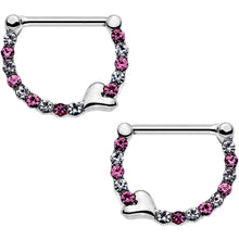 Load image into Gallery viewer, 14G 1/2 Clear and Pink Gem Steel Heart Nipple Clicker Set