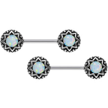 Load image into Gallery viewer, 14G 5/8 White Synthetic Opal Lotus Flower Nipple Barbell Set