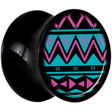 Load image into Gallery viewer, Black Acrylic Pink Teal Tribal Print Saddle Plug Set 00G