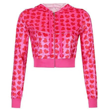Load image into Gallery viewer, Unique Design Velvet Heart Print Cropped Top Bomber Jacket For Women Autumn Cute Pink Long Sleeve Coats Zipper Winter Overcoat