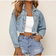 Load image into Gallery viewer, Unique Design Women's Denim Cropped Jacket Female Pockets Hole Short Jean Jackets Ladies Fashionable Button Casual Solid Coats