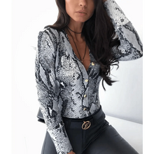 Load image into Gallery viewer, Unique Design Women's Snakeskin Leopard Print Blouse Ladies Casual Long Sleeve V-neck Button Down Bodycon Slim Fit Tops