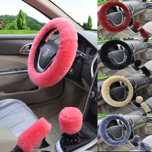 Load image into Gallery viewer, Universal Cute and Stylish Fluffy Fur Steering Wheel Cover Steering-wheel Plush Car Steering Wheel Warm Soft Fur Fuzzy Steering Wheel Covers Winter Faux fur Hand Brake & Gear Cover Set Car Interior Accessories Fuzzy Steering Wheel Cover for Women