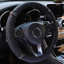 Load image into Gallery viewer, Universal PU Leather Bling Car Steering Wheel Cover Diamond Leather Steering Wheel Cover with Bling Crystal Rhinestones Steering Wheel for Women Girls, Universal Fit Rhinestone Steering Wheel Cover Case Auto Interior Decor 37-38cm