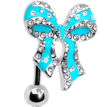 Load image into Gallery viewer, Clear Gem Bedazzled Blue Bow Top Mount Belly Ring
