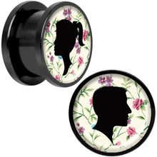 Load image into Gallery viewer, Man Woman Floral Silhouette Black Anodized Screw Fit Plug Set 9/16