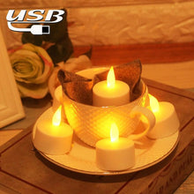 Load image into Gallery viewer, USB Charge One Piece Yellow Light LED Rechargeable Flameless Tea Light Candle With USB Flameless Flickering Candles Tea lights Decoration Parties Weddings Family Dinner Outdoor Picnic Chargeable LED Battery Candles