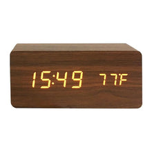 Load image into Gallery viewer, USB/AAA Powered LED Digital Clock Wooden Alarm Clock Table Clock Wooden Digital Alarm Clock with Wireless Charging 3 Alarms LED Display Sound Control and Snooze Dual for Bedroom Bedside Office Voice Control Electronic Clock Desktop Decor