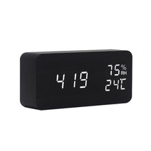 Load image into Gallery viewer, USB/AAA Powered LED Digital Clock Wooden Alarm Clock Table Clock Wooden Digital Alarm Clock with Wireless Charging 3 Alarms LED Display Sound Control and Snooze Dual for Bedroom Bedside Office Voice Control Electronic Clock Desktop Decor