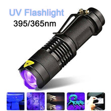Load image into Gallery viewer, UV 365nm light wood's lamp Rechargeable Portable Mini Handheld Fluorescent Agent Purple Light USB Ultraviolet Flashlight Detection Flashlight For Dog Urine Pet Stains 370nm