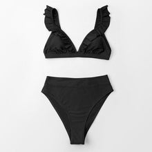 Load image into Gallery viewer, V-neck Ruffled High-waist Bikini Sets Swimsuit Womens Ruffle Flounce Triangle Bathing Suits Cute Two Piece Swimsuits Women Solid Brown Two Pieces Swimwear New Beach Bathing Suits