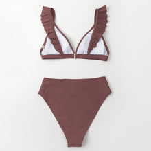 Load image into Gallery viewer, V-neck Ruffled High-waist Bikini Sets Swimsuit Womens Ruffle Flounce Triangle Bathing Suits Cute Two Piece Swimsuits Women Solid Brown Two Pieces Swimwear New Beach Bathing Suits