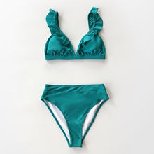 Load image into Gallery viewer, V-neck Ruffled High-waist Bikini Sets Swimsuit Womens Ruffle Flounce Triangle Bathing Suits Cute Two Piece Swimsuits Women Solid Brown Two Pieces Swimwear New Beach Bathing Suits