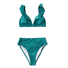 Load image into Gallery viewer, V-neck Ruffled High-waist Bikini Sets Swimsuit Womens Ruffle Flounce Triangle Bathing Suits Cute Two Piece Swimsuits Women Solid Brown Two Pieces Swimwear New Beach Bathing Suits