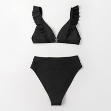 Load image into Gallery viewer, V-neck Ruffled High-waist Bikini Sets Swimsuit Womens Ruffle Flounce Triangle Bathing Suits Cute Two Piece Swimsuits Women Solid Brown Two Pieces Swimwear New Beach Bathing Suits