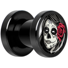 Load image into Gallery viewer, Katrina Sugar Skull Rose Flower Black Anodized Screw Fit Plug Set 2G