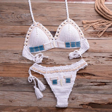 Load image into Gallery viewer, Vintage Blue Bikinis 2 Piece Halter Bikini Set Women High Waist Sequin Swimsuit Set Handmade Crochet High Quality Swimsuit Women Push Up Swimwear Knitted Beach Wear Bathing Suit