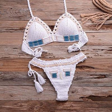 Load image into Gallery viewer, Vintage Blue Bikinis 2 Piece Halter Bikini Set Women High Waist Sequin Swimsuit Set Handmade Crochet High Quality Swimsuit Women Push Up Swimwear Knitted Beach Wear Bathing Suit