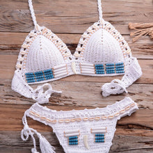 Load image into Gallery viewer, Vintage Blue Bikinis 2 Piece Halter Bikini Set Women High Waist Sequin Swimsuit Set Handmade Crochet High Quality Swimsuit Women Push Up Swimwear Knitted Beach Wear Bathing Suit