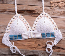 Load image into Gallery viewer, Vintage Blue Bikinis 2 Piece Halter Bikini Set Women High Waist Sequin Swimsuit Set Handmade Crochet High Quality Swimsuit Women Push Up Swimwear Knitted Beach Wear Bathing Suit