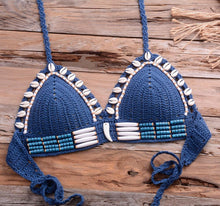 Load image into Gallery viewer, Vintage Blue Bikinis 2 Piece Halter Bikini Set Women High Waist Sequin Swimsuit Set Handmade Crochet High Quality Swimsuit Women Push Up Swimwear Knitted Beach Wear Bathing Suit