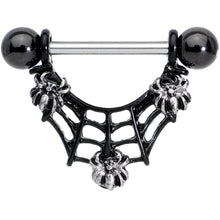 Load image into Gallery viewer, 9/16 Black Baby Spiders on Web Halloween Dangle Nipple Ring Set