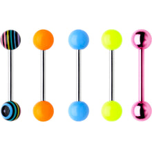Load image into Gallery viewer, 14G 9/16 Rainbow Funky Fun Barbell Tongue Ring Pack Set of 5