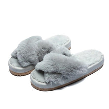 Load image into Gallery viewer, Warm Fluffy Slippers Women Cozy Faux Fur Cross Indoor Floor Slides Flat Soft Furry Flip Flops Fuzzy Slippers Cross Band Fluffy Slippers Faux Fur Slippers Plush House Open Toe Cozy Slippers For Women