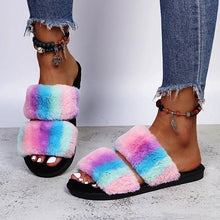 Load image into Gallery viewer, Warm Fluffy Slippers Women Cozy Faux Fur Cross Indoor Floor Slides Flat Soft Furry Flip Flops Fuzzy Slippers Cross Band Fluffy Slippers Faux Fur Slippers Plush House Open Toe Cozy Slippers For Women