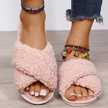 Load image into Gallery viewer, Warm Fluffy Slippers Women Cozy Faux Fur Cross Indoor Floor Slides Flat Soft Furry Flip Flops Fuzzy Slippers Cross Band Fluffy Slippers Faux Fur Slippers Plush House Open Toe Cozy Slippers For Women